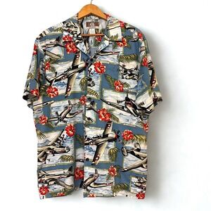 Kalaheo Mens Hawaiian Shirt L Blue WWII Warbirds Military Planes Made in USA